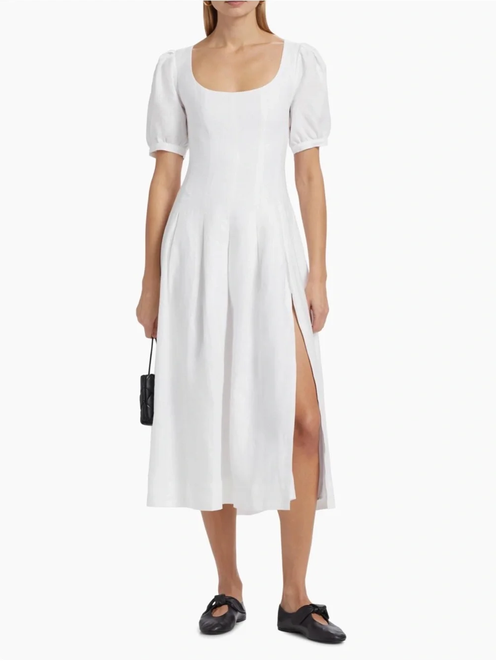 Reformation White Linen Square-Neck Midi Dress with Puff Sleeves - Picture 2 of 10